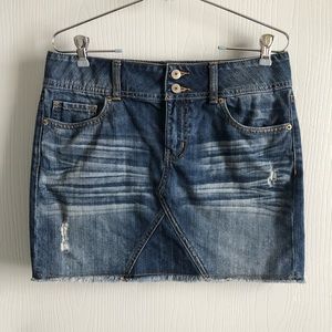 Distressed Jean Mini Skirt, Size 8